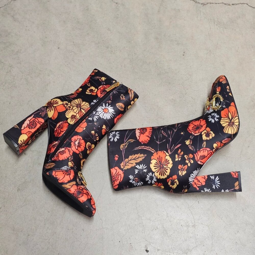 Floral Block Heel Ankle Boots With Gold Buckle Detail & Side Zipper Closure